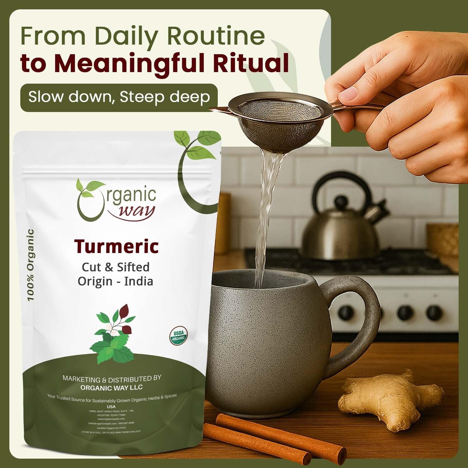 Turmeric Root Cut & Sifted (Curcuma Longa) - Herbal Tea | Kosher & USDA Certified | Vegan, Non-Gmo & Gluten Free | Tested for Heavy Metal and Purity | 100% Raw from India (1/2LBS / 8Oz.)