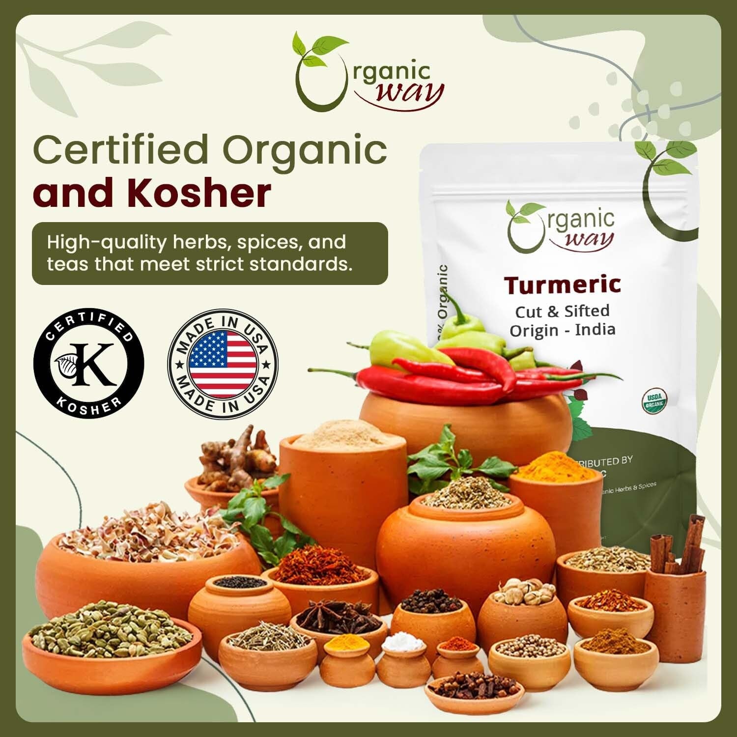 Turmeric/Haldi Root Cut & Sifted (Curcuma Longa) - Herbal Tea | Kosher & USDA Certified | Vegan, Non-Gmo & Gluten Free | Tested for Heavy Metal and Purity | Raw from India (1LBS / 16Oz.)